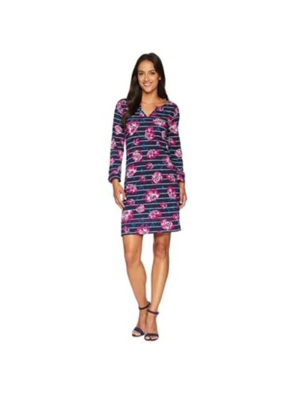 Hatley Navy & Pink Floral Stripe V-Neck 3/4 Sleeve Dress